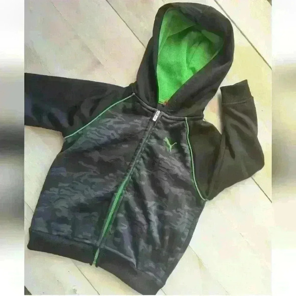 Puma Camouflage Print Neon Green Gray Black Boys Hooded Zip Up Sweater Jacket 3T - Picture 2 of 5